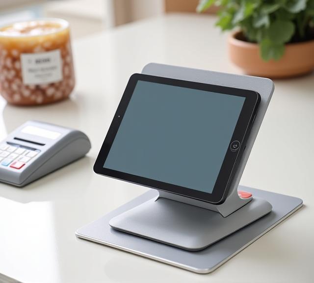 Complete hardware set including tablet stand, card reader, and receipt printer in a clean setup.